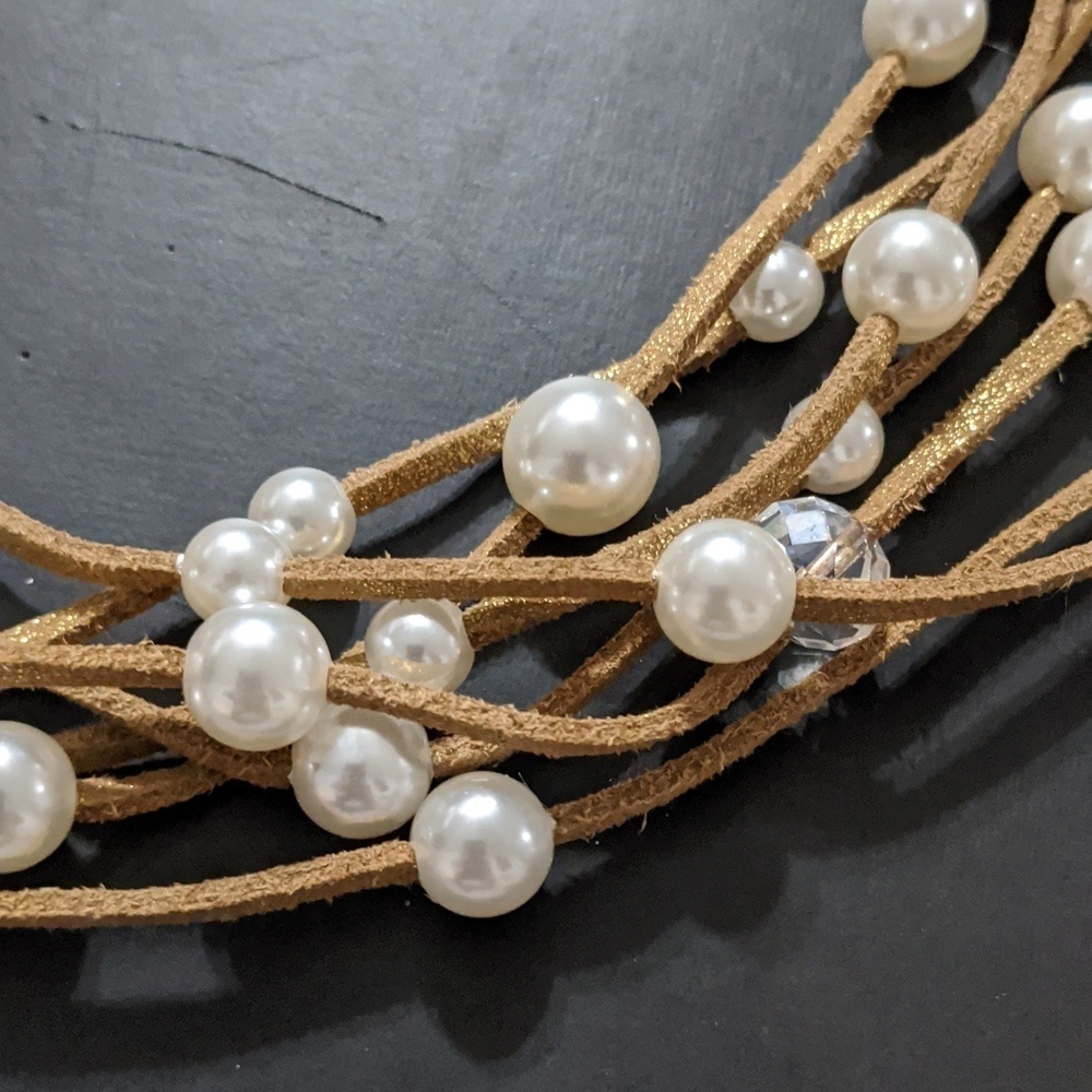Gold Tone Brown Leather Cord Faux Pearl Crystal Bead Layered Statement Necklace - Picture 2 of 4